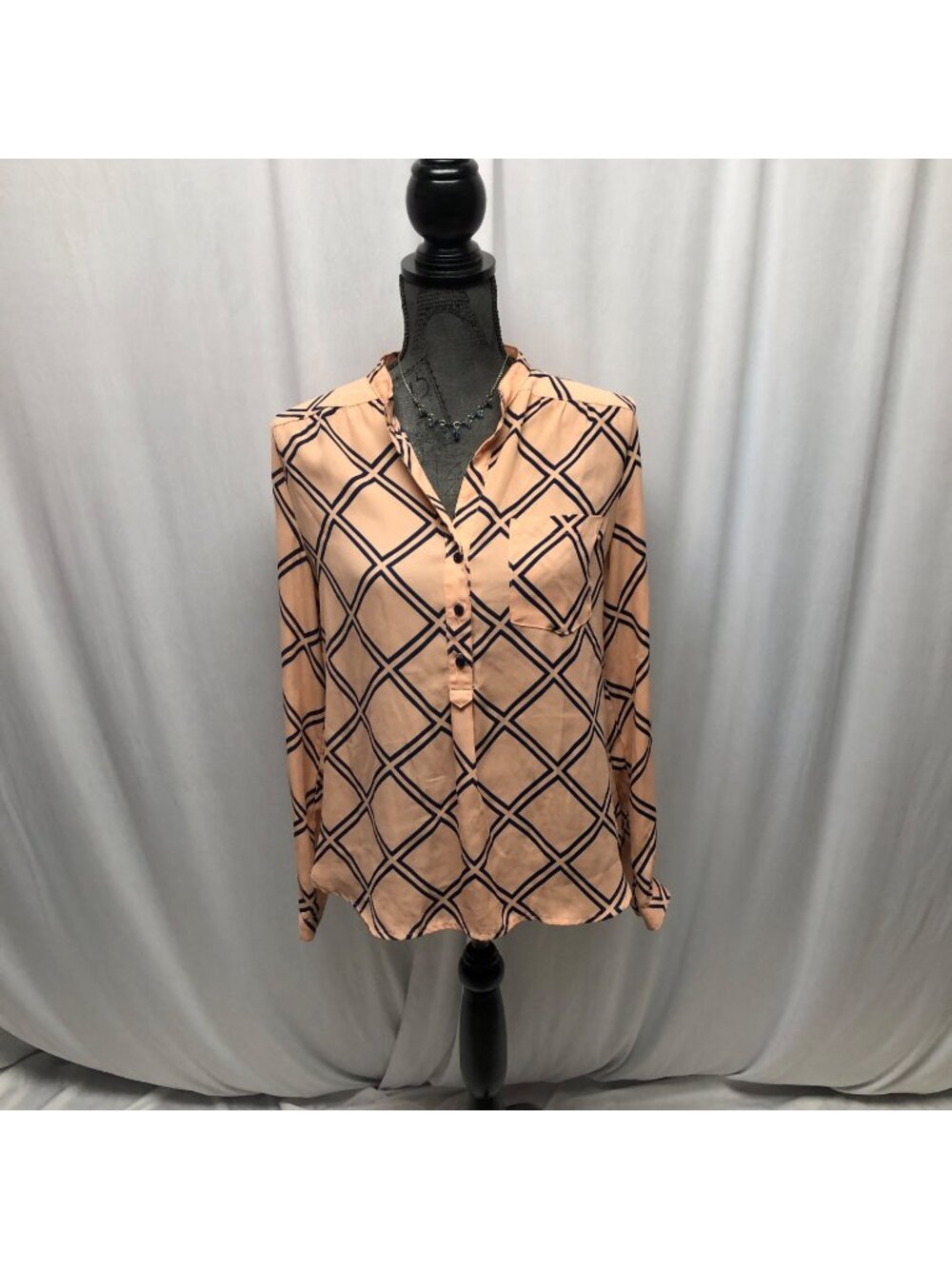 Fun2Fun Womens Blouse Size Small Peach Navy Geometric Sheer Long Sleeve